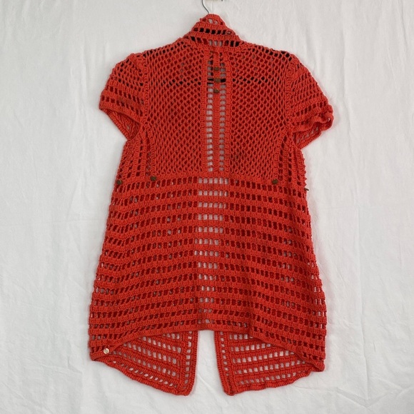 Pure Handknit Open-Front Crochet Cardigan Orange - Picture 8 of 9